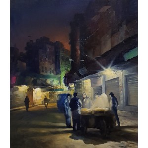 Zulfiqar Ali Zulfi, Moon Light Street, 36 x 30 Inch, Oil on Canvas, Cityscape Painting-AC-ZUZ-056
